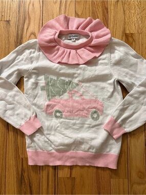 Girls Hood White & Pink Knit Sweater with Pink Ruffle Collar